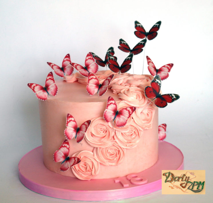 dorty Plzeň, krémový růžový dort a motýlci